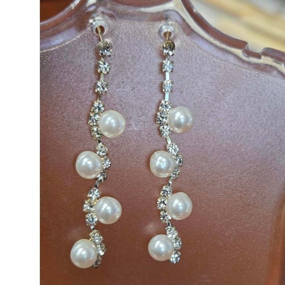 Silver Tone Faux Pearl and Rhinestone Wave Drop Dangle Earrings Bridal Formal